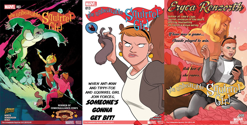 Covers for Unbeatable Squirrel Girl #3, #13, and #8.
